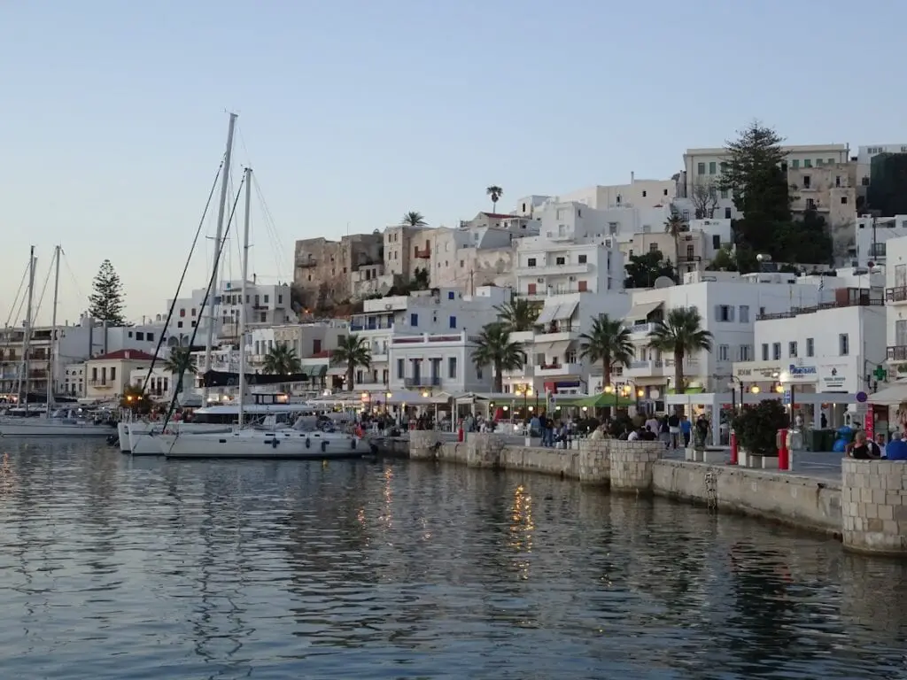 The marina of Naxos Chora with views of the shops