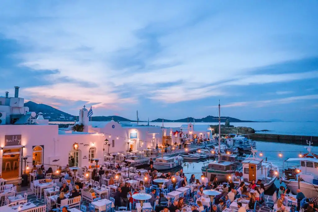 nightlife in Paros Greece, the lively streets of Naoussa at night